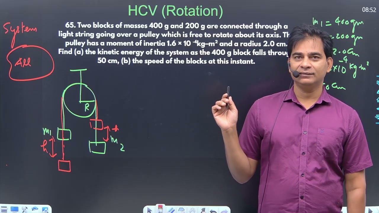 Rotation Q. No. 65 Pulley and Two Masses Connected by String