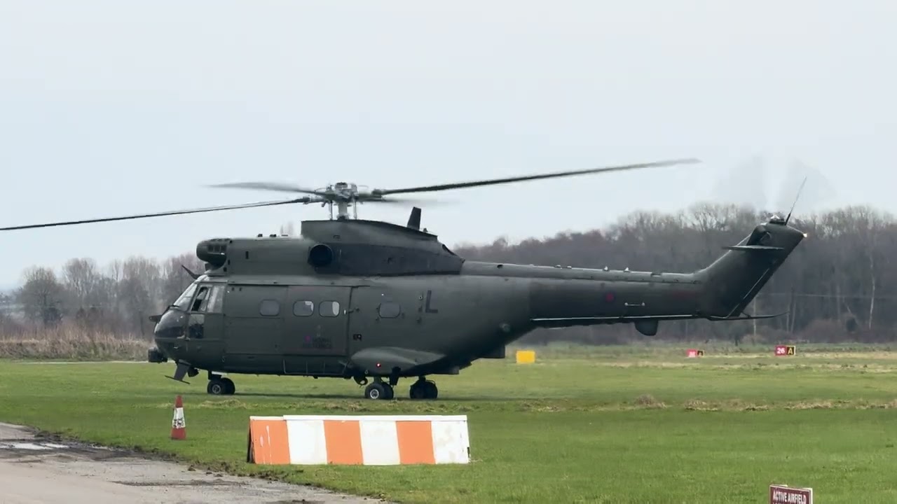 Puma helicopter engine start up and take off at Shobdon Airfield