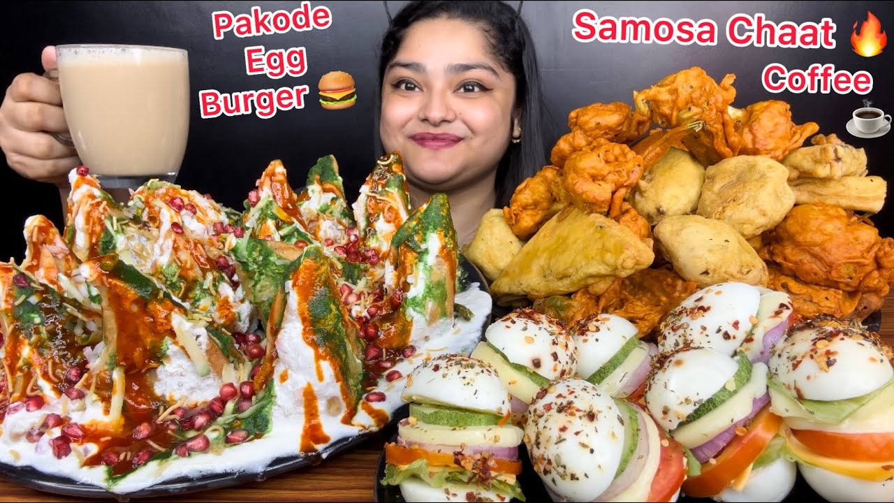 SAMOSA CHAAT🔥 MIRCHI PAKODA, BAIGAN PAKODA, GOBI PAKODA,BREAD PAKODA,ALU PAKODA & EGG BURGER|EATING