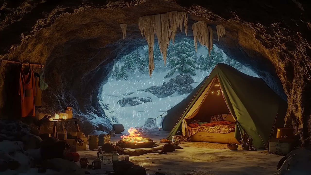 Winter Cave Ambience - Snowstorm, Howling Wind and Fireplace Sounds for Sleeping & Relaxation