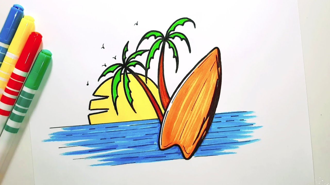 ✅ COMO DESENHAR PAISAGEM PÔR DO SOL NA PRAIA - Só com HIDROCOR