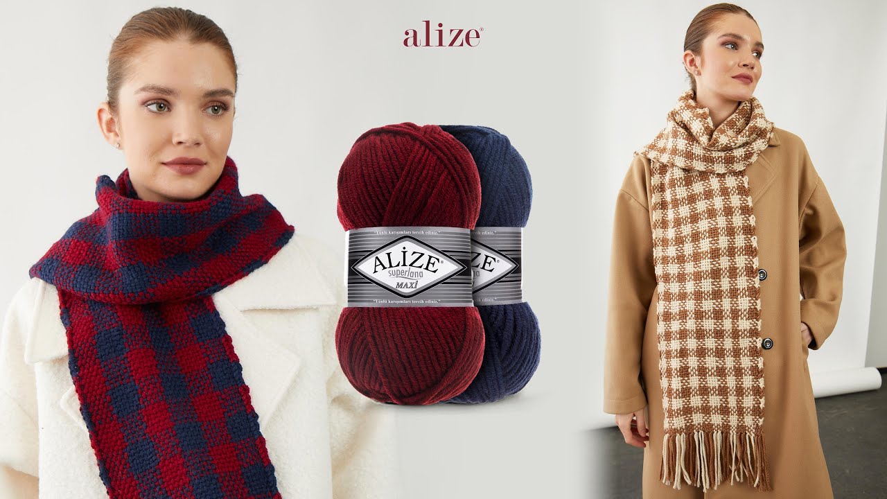 Вязаный шарф в клетку с пряжей Alize Superlana Maxi