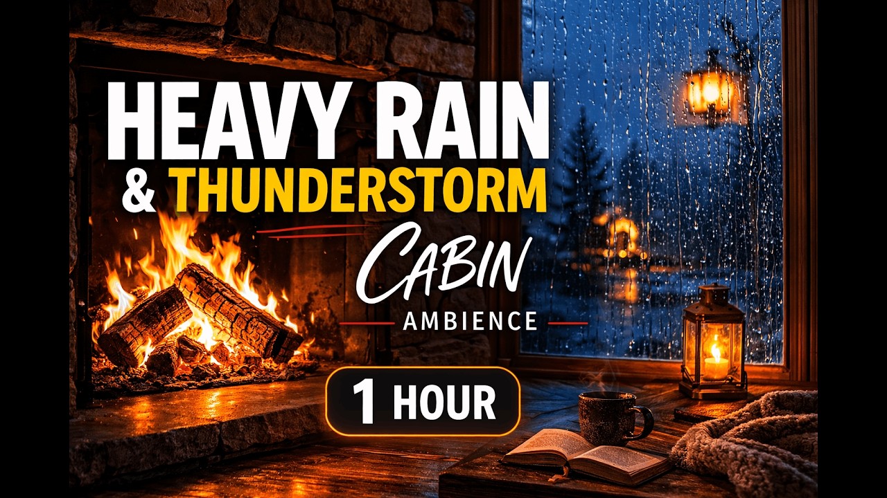 Heavy Rain and Thunderstorm at Isolated Cabin ⛈️ Crackling Fireplace Ambience for Sleep