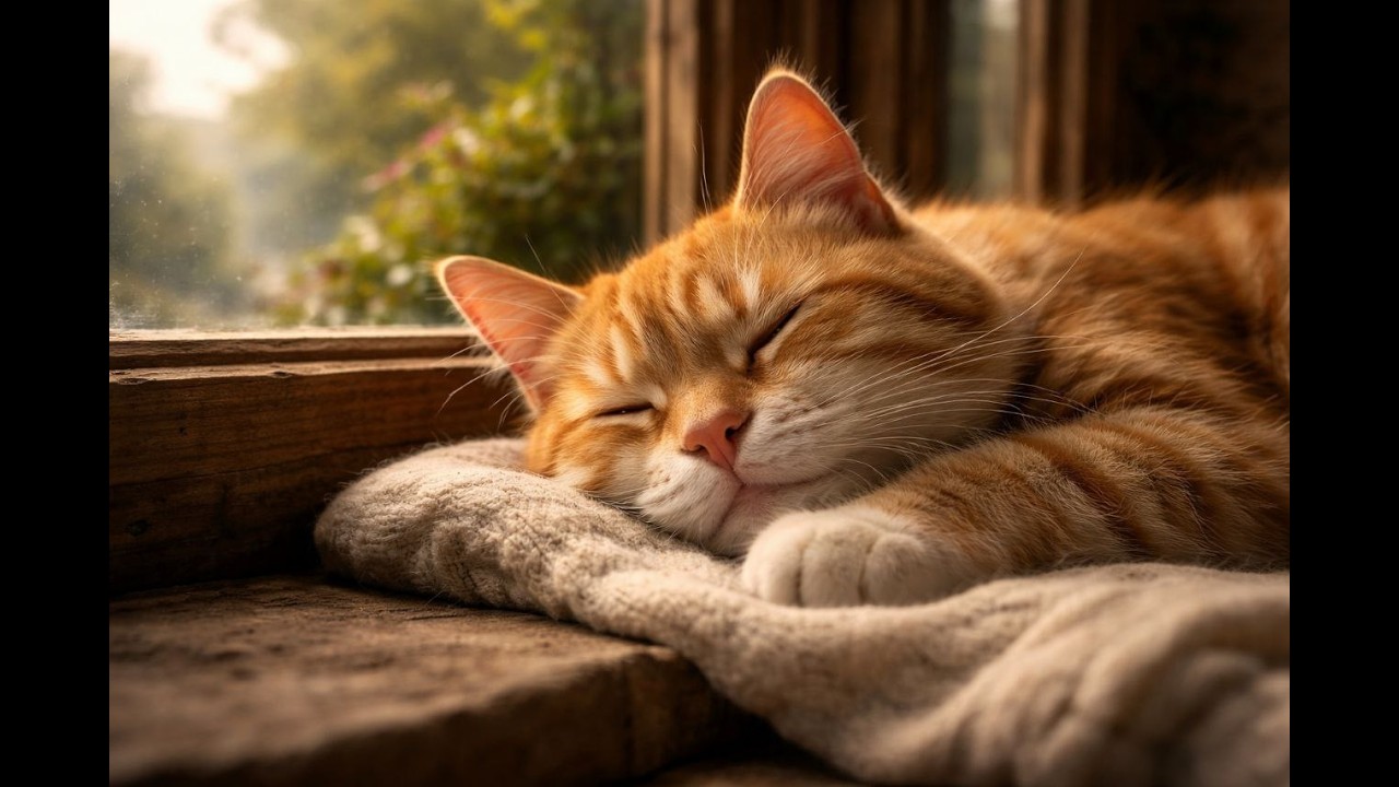 Sleeping Cat on Window Ledge with Purring | Calm Cozy Window Ambience