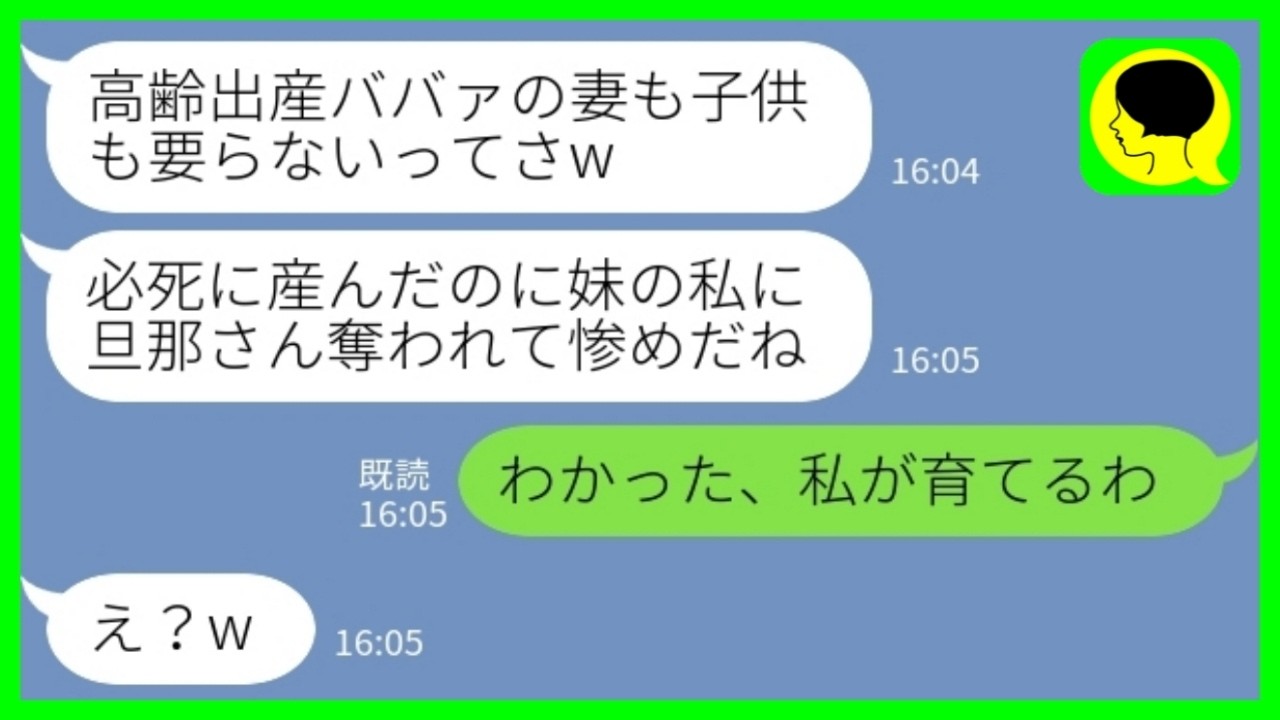 【LINE】出産直後に夫を奪った妹「ババァの妻も子供も要らないってw」私「わかった、私が育てる」→数年後、2人が泣きついた理由がwww