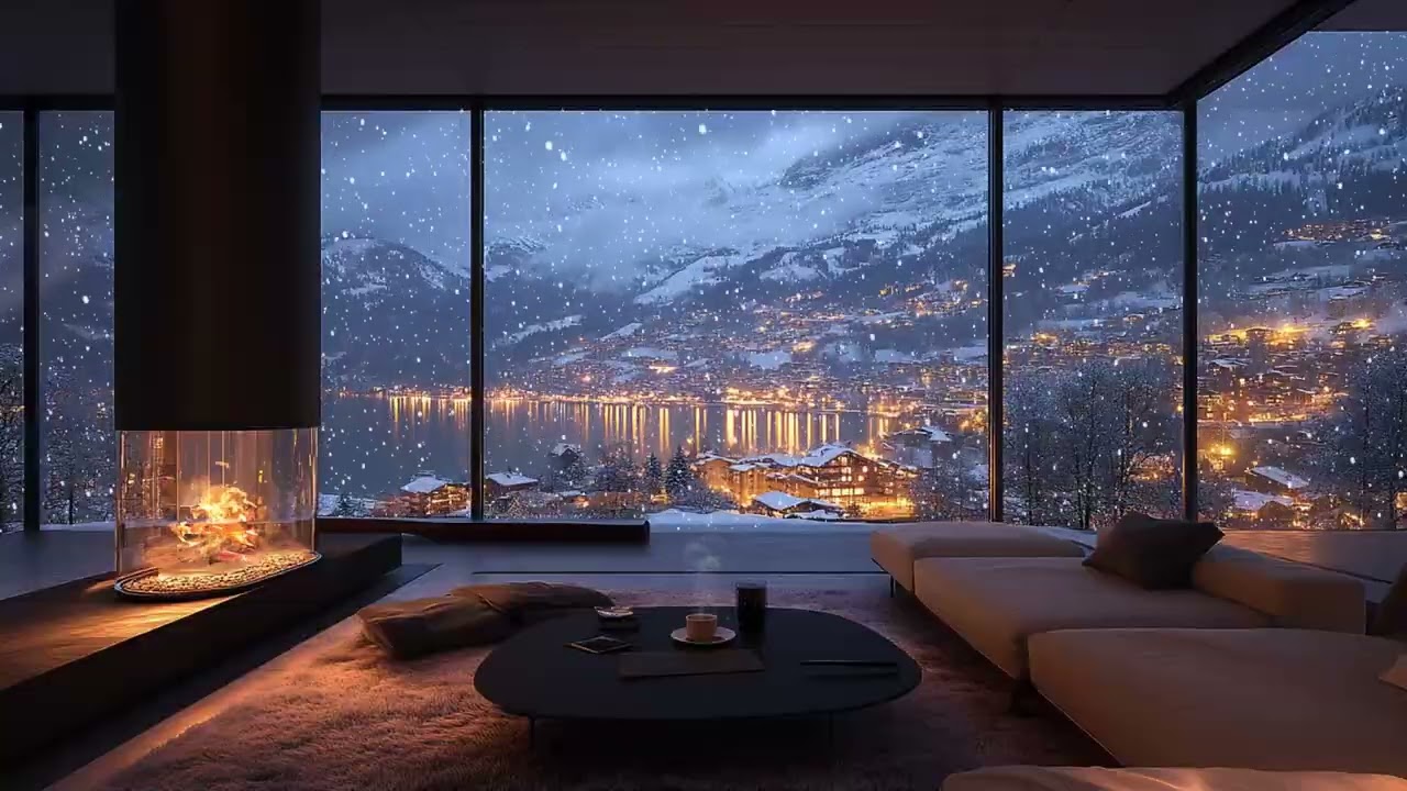 Quiet Winter Night by the Mountain Lake ❄️ Snowfall Outside & Warm Fireplace Sounds
