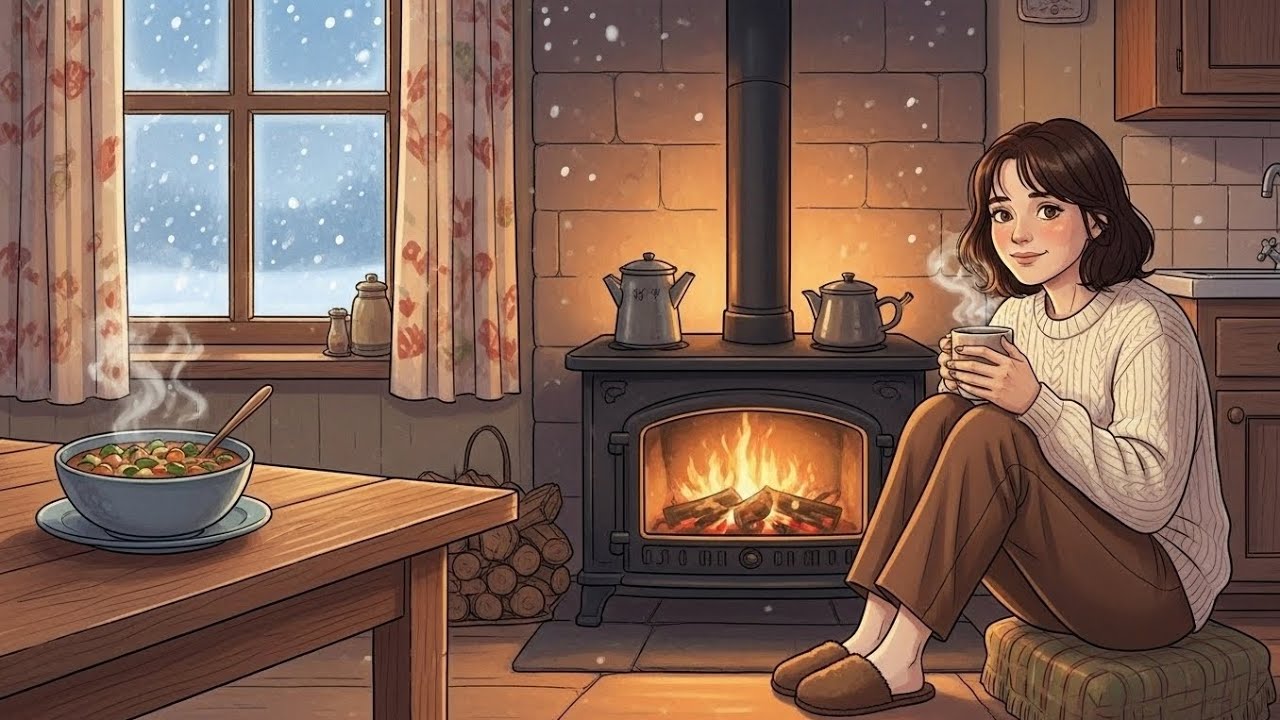 A Winter Afternoon by the Stove | Simple Soup, Falling Snow, Calm ASMR