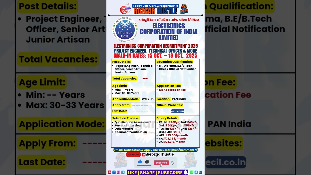 ECIL Recruitment 2025 | Walk-in for Project Engineer, Technical Officer Posts #shorts #job #psujobs