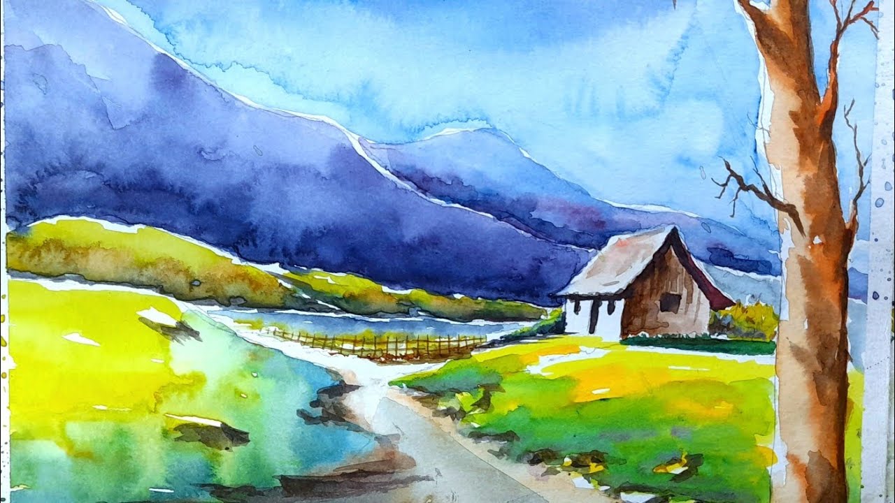 EASY LANDSCAPE PAINTING BY WATERCOLOUR. WATERCOLOUR SCENARY DRAWING FOR BEGENEARS.