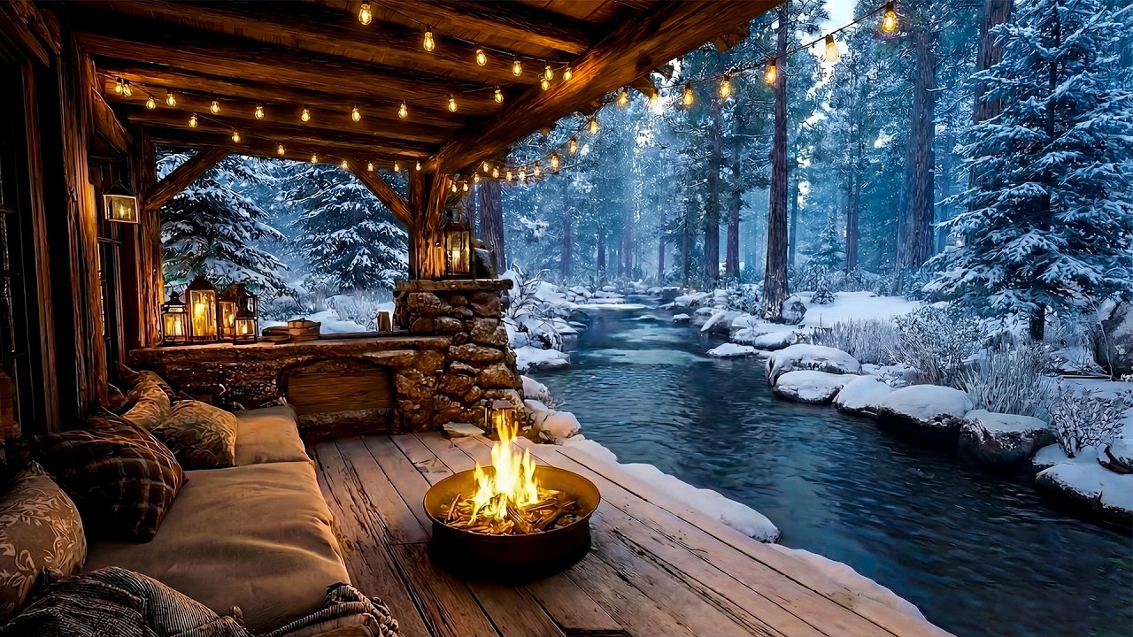 Snowy Winter Day by the Riverside Cabin - Cozy Fire Pit & Tranquil Nature Sounds for Full Relaxation
