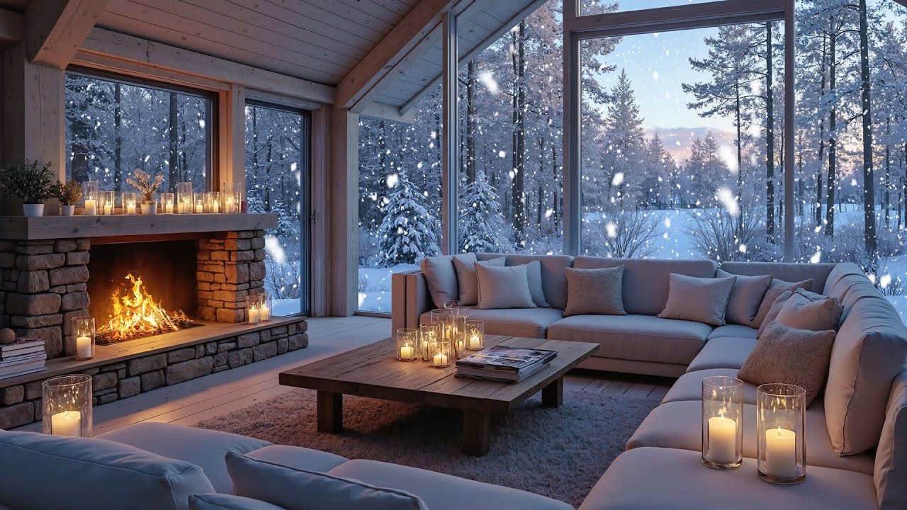🎼❄️Relaxing Lounge Piano | Winter Fire & Snowfall for 2 Hours |  Focus Study Work Meditation Relax