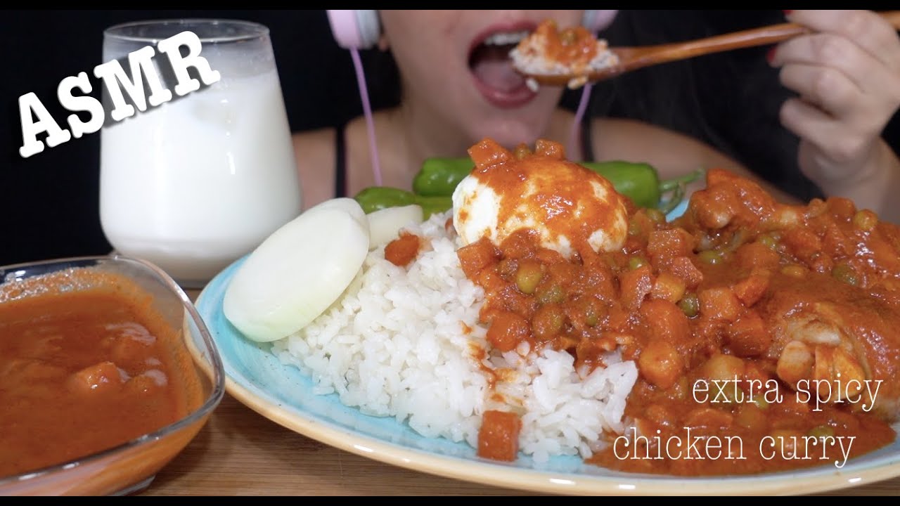 Spicy Chicken Curry ASMR | Rice, Raw Onions, Chilli Pepper, Soft Boiled Egg *NO TALKING Eating SOUND