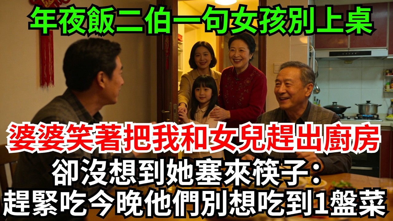 年夜飯二伯一句女孩別上桌，婆婆笑著把我和女兒趕出廚房，我以為她是要折磨我，卻沒想到她塞來筷子：趕緊吃，今晚他們別想吃到一盤菜!#完結故事#情感故事#爽文#婆媳關系#家庭生活#故事頻道#故事分享#情感