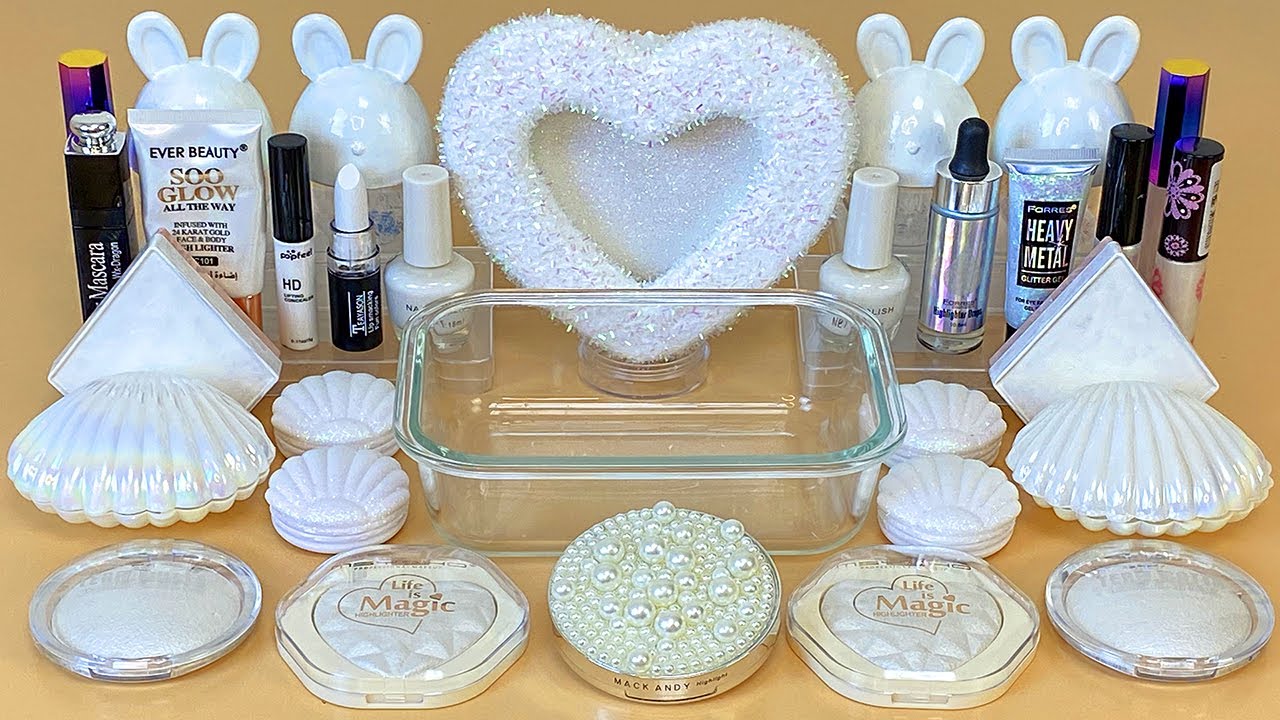 WHITE SLIME Mixing makeup and glitter into Clear Slime ASMR Satisfying Slime Videos 1080p