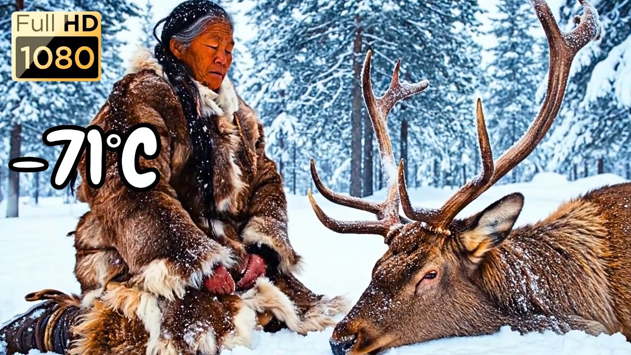 An elderly 70-year-old woman living in a cozy hide cabin | off-grid, isolated, living on deer meat