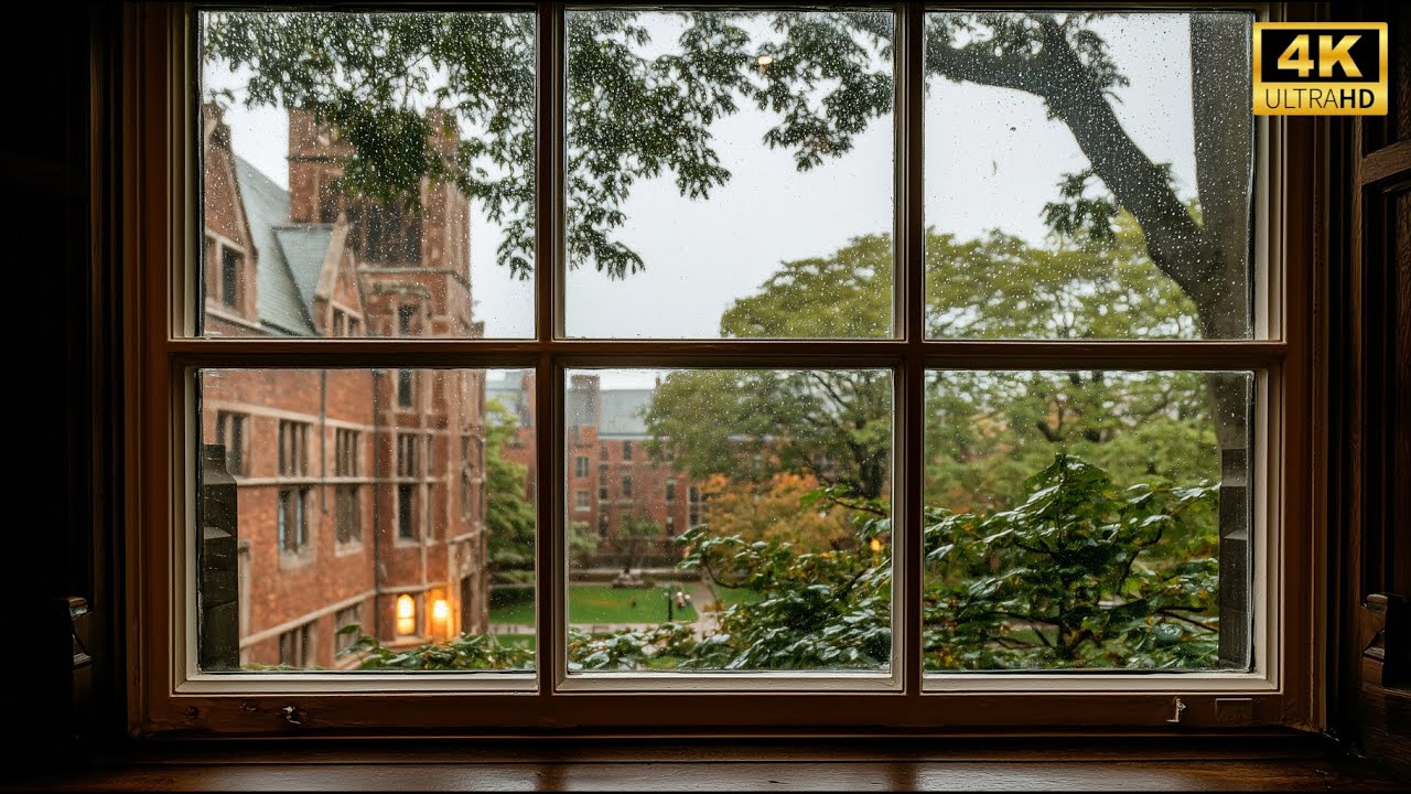 4K Projector Window View - A Cozy Harvard University Study Room - Relaxing Rain Sounds - Rain Study.