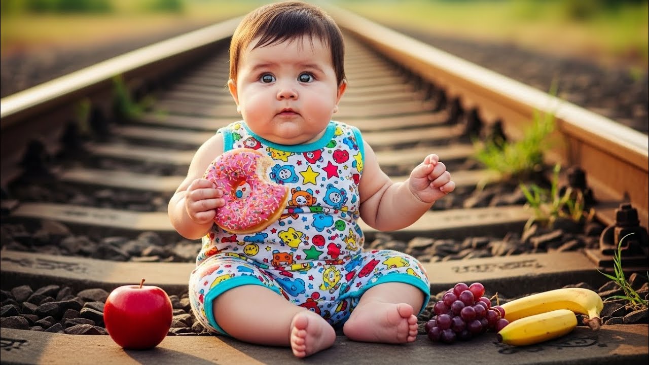 Cute Chubby Baby Snack Time on Railway Track | Whimsical Baby AI Art