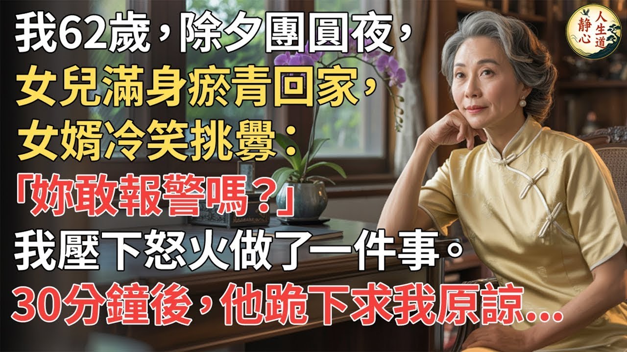【我62歲】團圓夜，女兒被打回家，女婿還挑釁：「妳敢報警嗎？」我忍著怒氣做了一件事。30分鐘後，他跪下求饒…