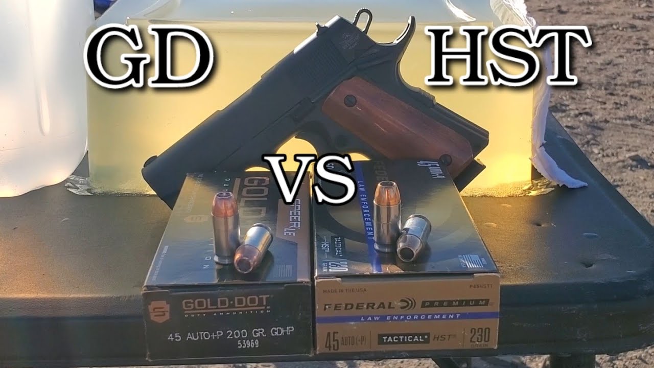 .45 acp +p Speer Gold Dot против Federal HST в баллистическом геле