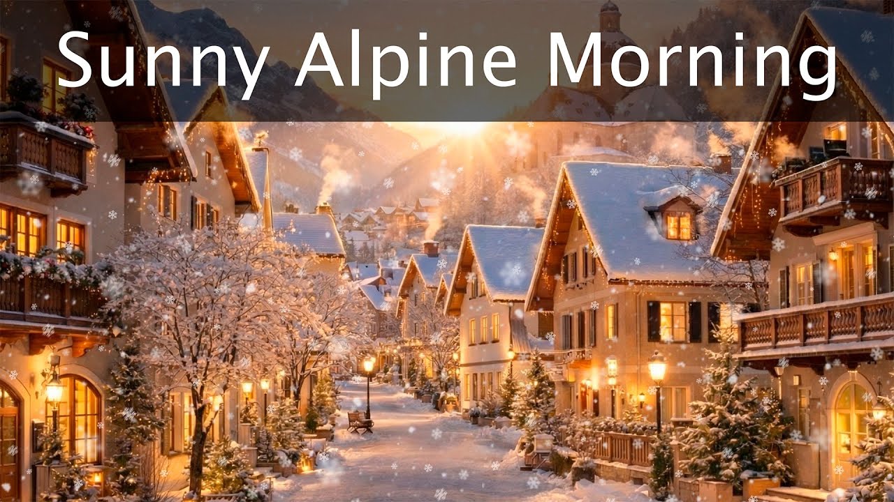 Sunny Winter Morning in Alpine Town | Snowy Street & Cozy Lights Ambience