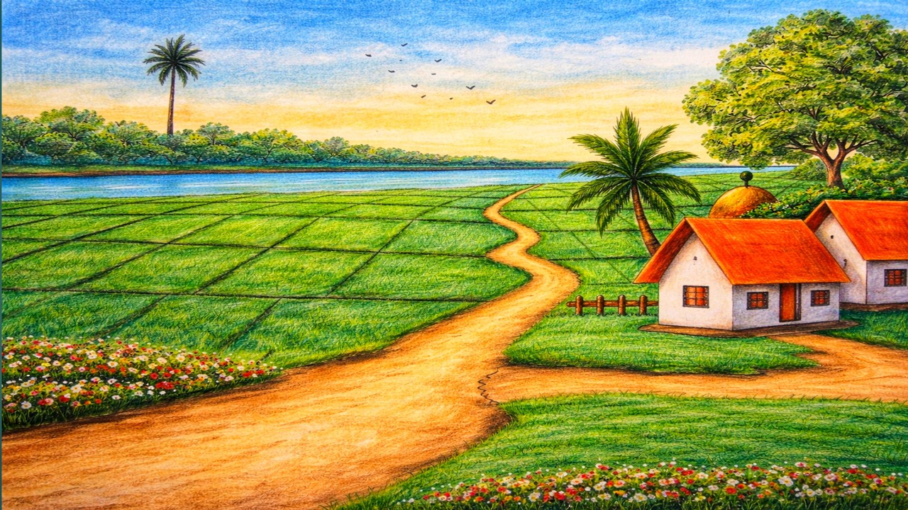 How to draw easy scenery drawing with beautiful landscape village with riverside scenery drawing