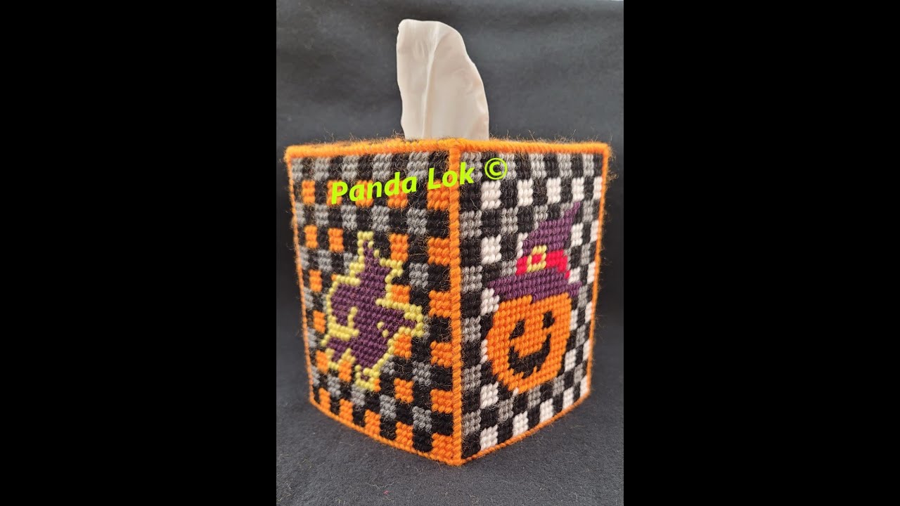 Pumpkin & Witch Checkered Pattern Plastic Canvas Tissue Box Cover