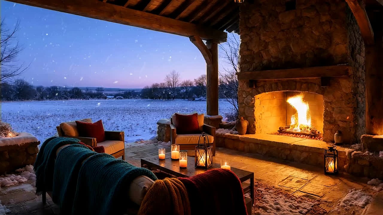 Peaceful Countryside Fireplace in Snow - Deep Sleep Relax 02