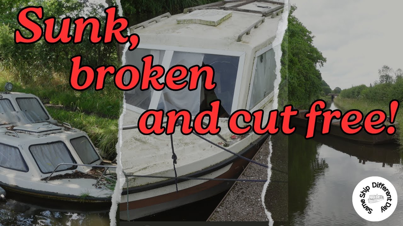 A sunken boat a vandalised boat and a boat cut free blocking the canal on NARROWBOAT Kimberley-Jo!