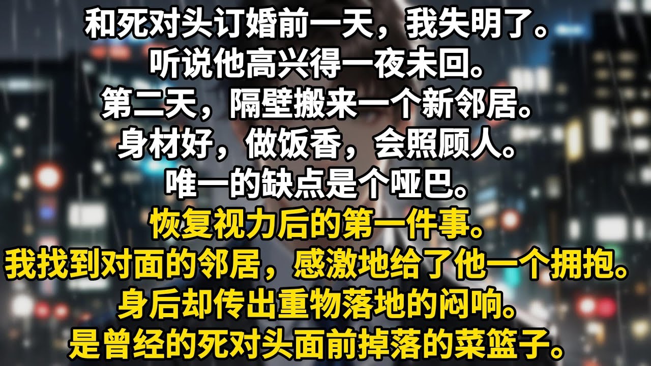 和死对头订婚前一天，我失明了。听说他高兴得一夜未回。第二天，隔壁搬来一个新邻居。身材好，做饭香，会照顾人。唯一的缺点是个哑巴。恢复视力后的第一件事。我找到对面的邻居，感激地给了他一个拥抱。