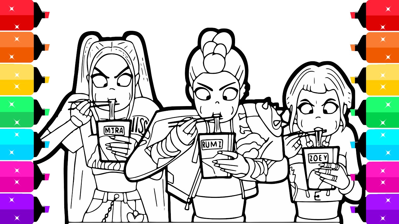 KPop Demon Hunters Coloring Pages | Rumi Mira Zoey Eating Noodles