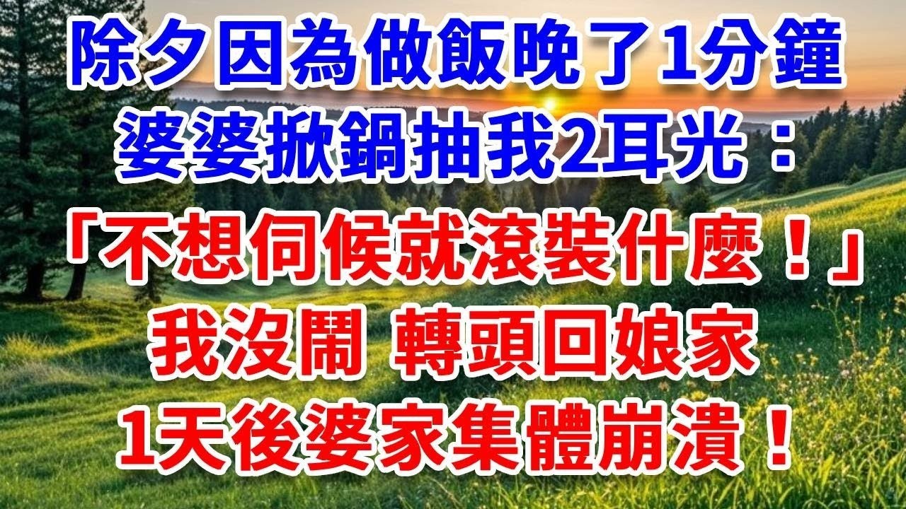 除夕因為做飯晚了1分鐘，婆婆掀鍋抽我2耳光：不想伺候就滾裝什麼！我沒鬧 轉頭回娘家，1天後婆家集體崩潰！#詩涵講故事#為人處世#生活經驗#情感故事#晚年哲理#說故事#完結文#原創故事