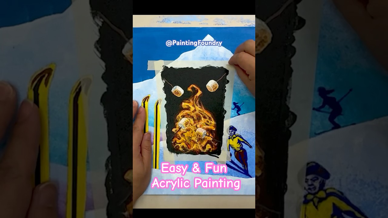 ❄️ Ski Winter Night & Marshmallow Fire | Cozy Acrylic Painting Short 🔥 