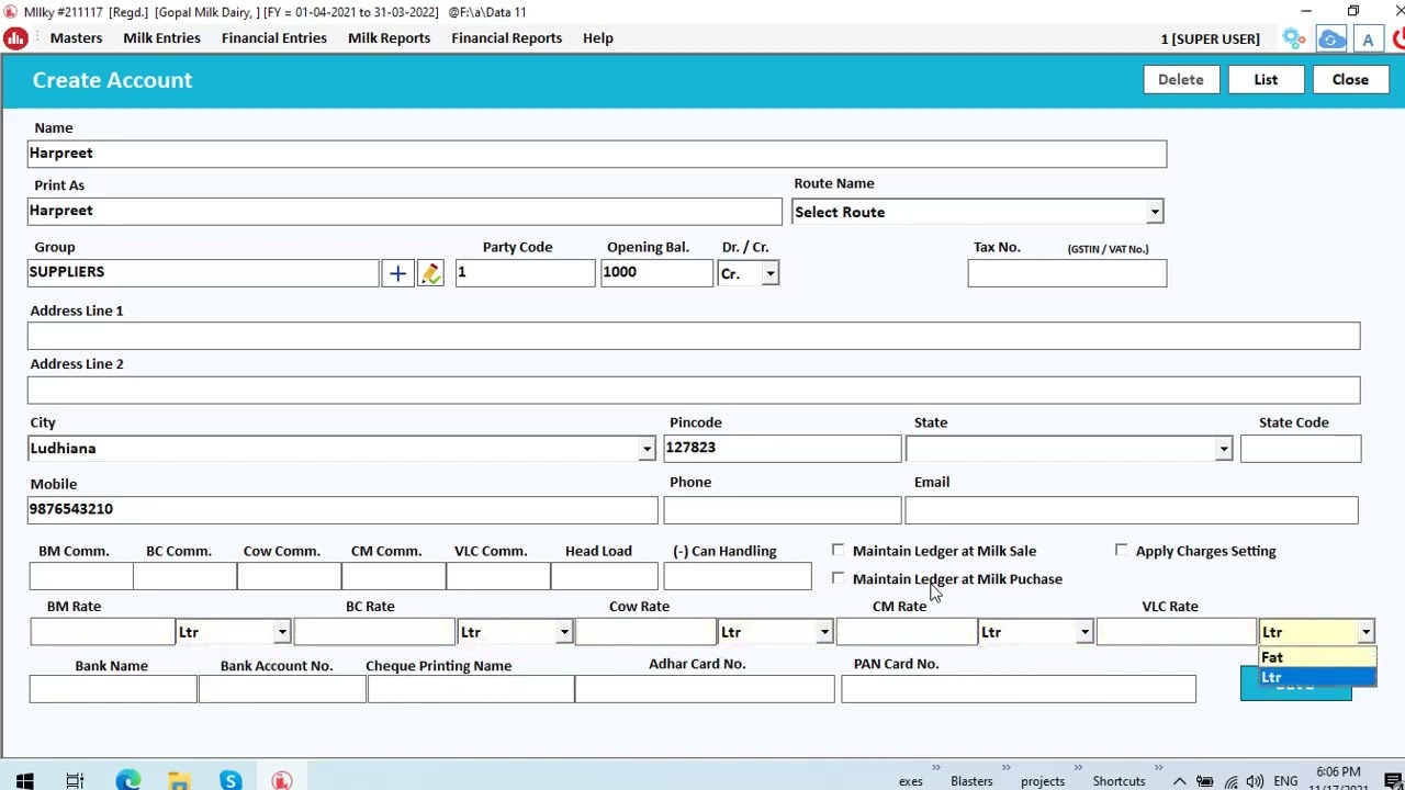 Milky   Milk Dairy ERP Software How Create Rate Lists, Create Account Masters & Milk Purchase Entry