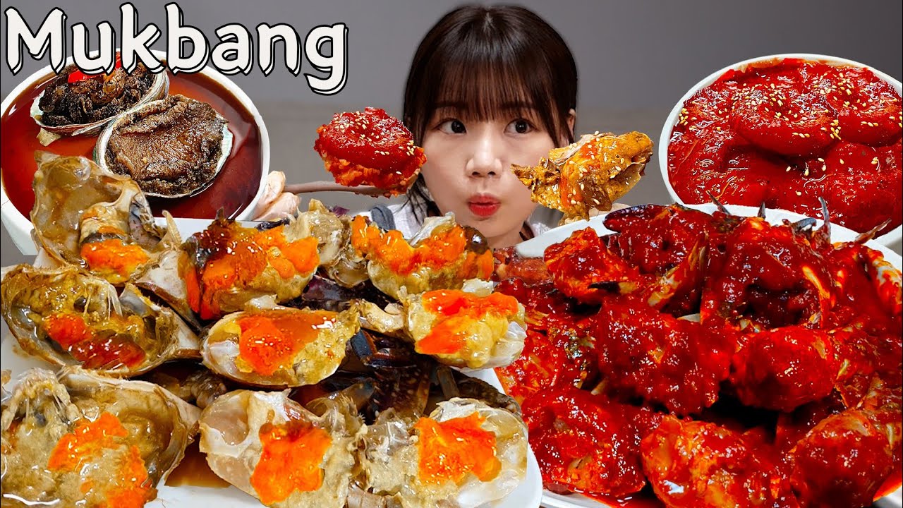 Sub)Real Mukbang- Острый маринованный краб, краб в соевом соусе🦀 Лапша🍜 Морское ушко, креветки🦐ASMR
