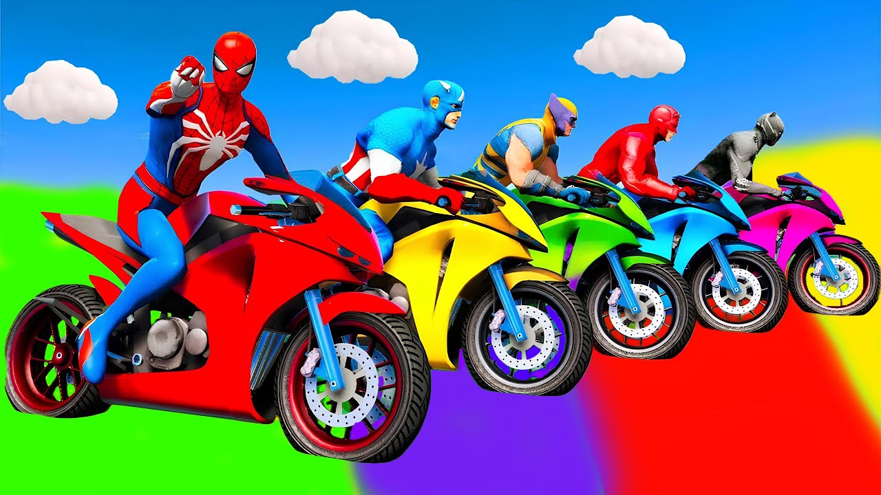 الأبطال الخارقين على القضبان دوامة قمع جسر 🚴‍♂️ SPIDER MAN!on Motorcycle in Spiral Bridge Stunt Rid