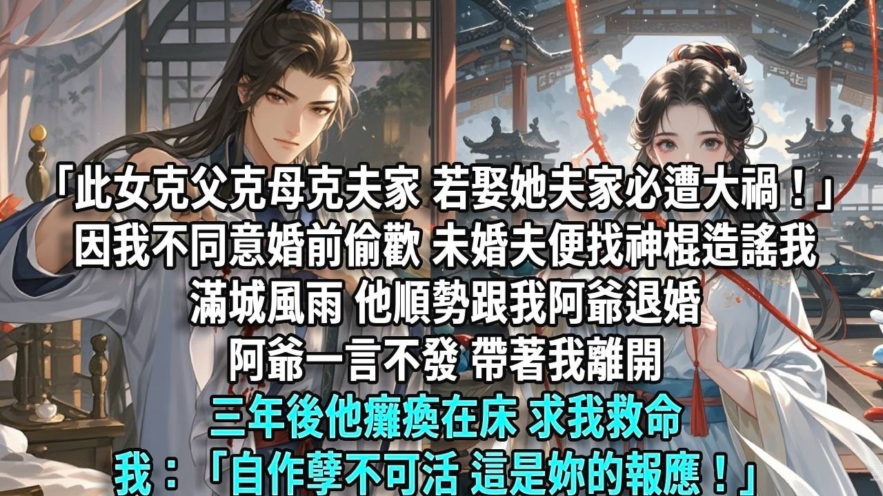 此女克父克母還克夫家。若娶她進門，夫家必遭大禍！」因我不同意婚前偷歡，未婚夫便找了個神棍造謠我滿城風雨，他順勢跟我阿爺退婚。阿爺一言不發，帶著我離開三年後他癱瘓在床 求我救命。我：「自作孽不可