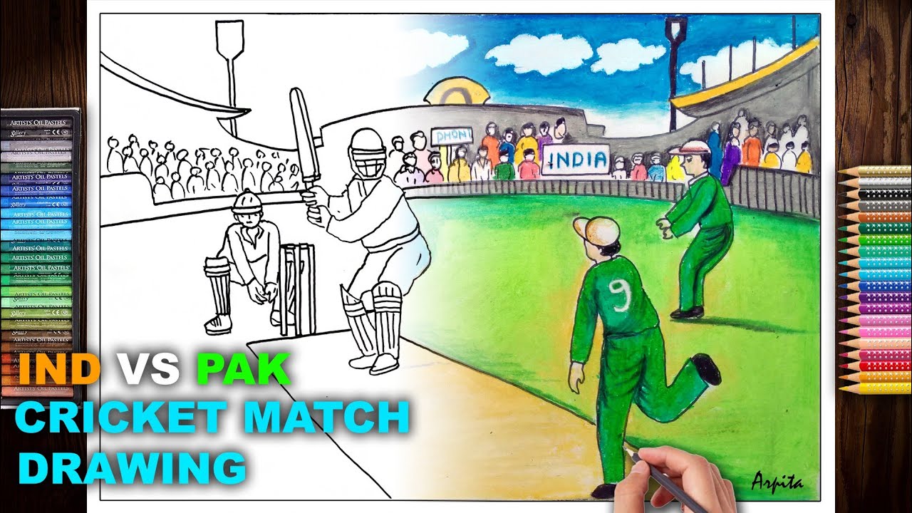 India Vs Pakistan Cricket Match Drawing | How To Draw A Cricket Match In Stadium | Cricket Drawing
