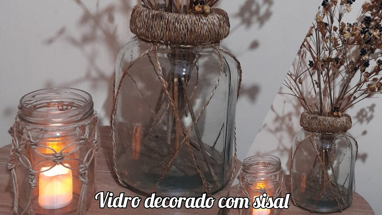 Pote de vidro decorado com sisal