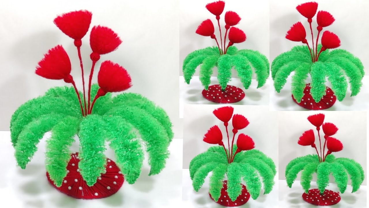 ऊन से गुलदस्ता बनाने का तरीका/DIY EASY WOOLEN FLOWERS GULDASTA/WOOLEN FLOWER VASE CRAFT IDEA