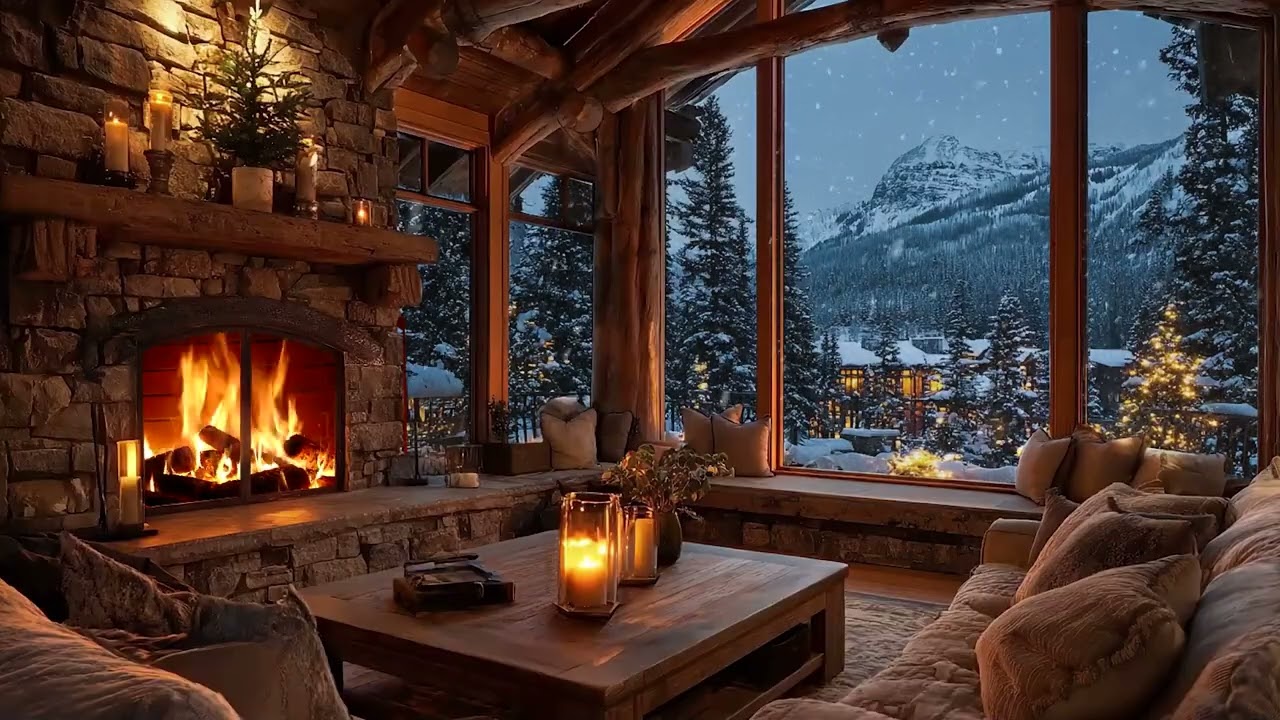 Silent Winter Cabin Snowstorm Winds & Crackling Fireplace Sounds for Deep Sleep, Relaxation