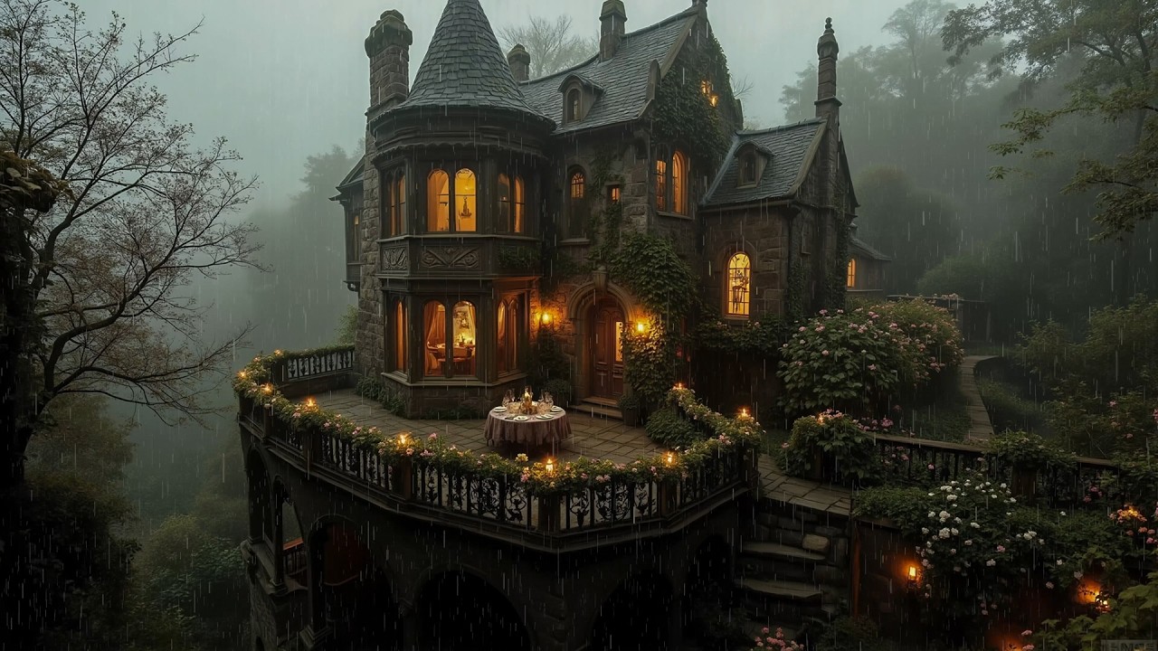 Rainy Evening at a Gothic Manor Terrace | Dark Academia Ambience for Study, Relax and Reflection