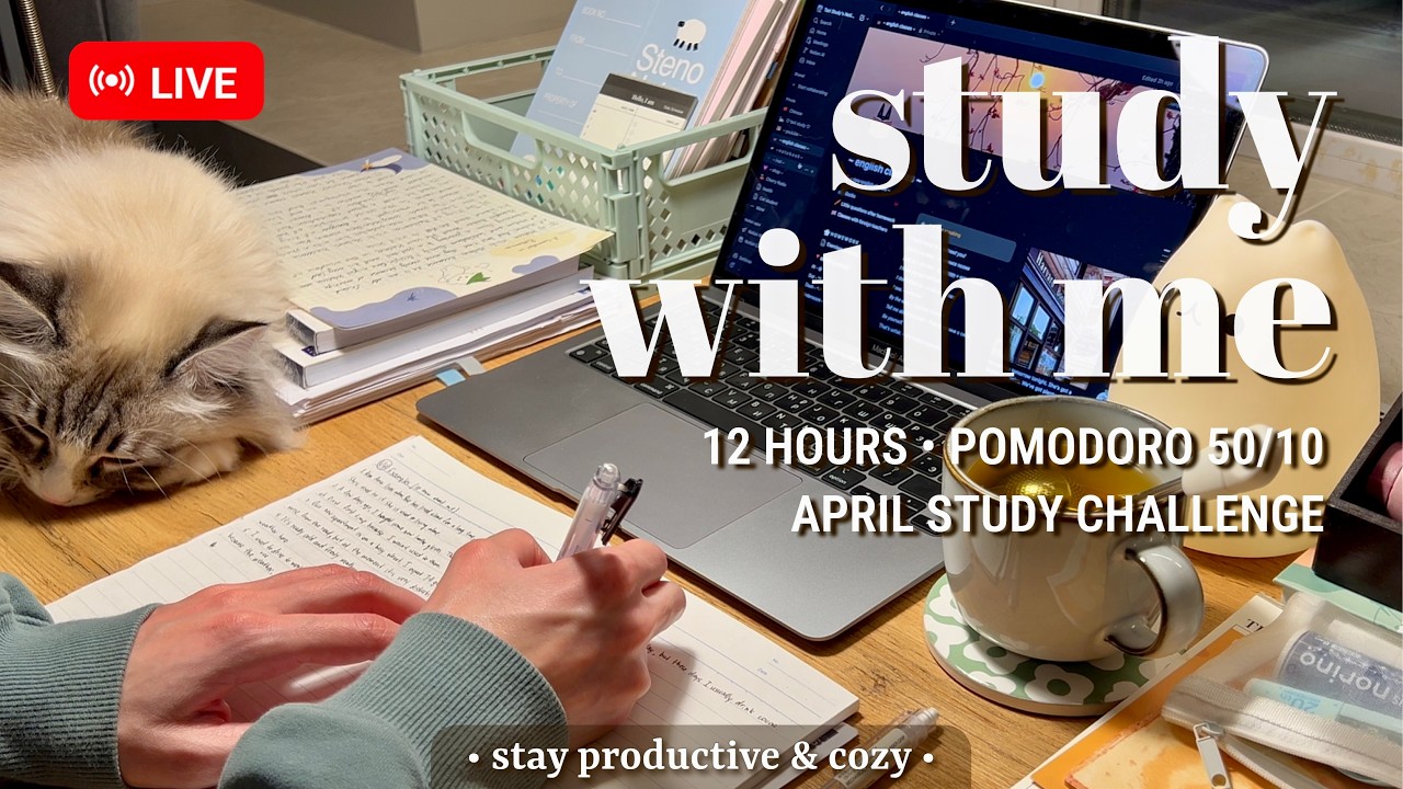 Study With Me LIVE 📚 12 hr Challenge 🚀 | 50/10 Pomodoro | Fireplace Sound