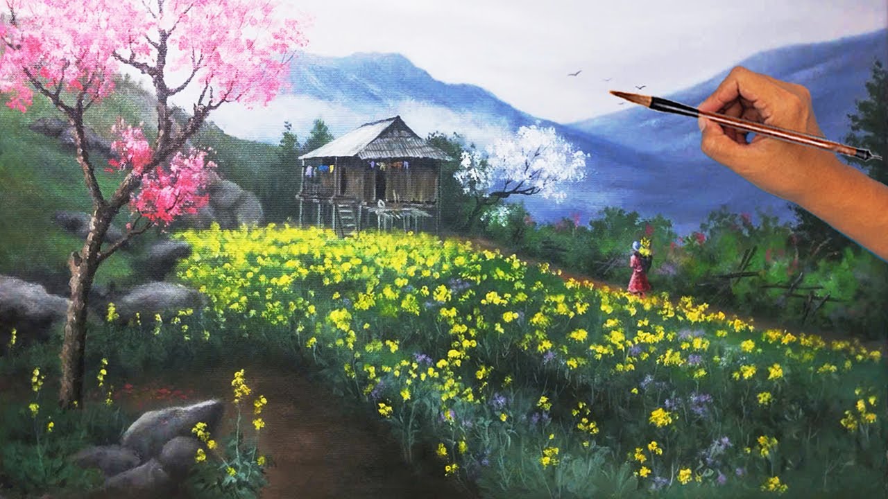Hướng dẫn vẽ mùa hoa trên vùng cao/Instructions for drawing a flower season scene in the highlands