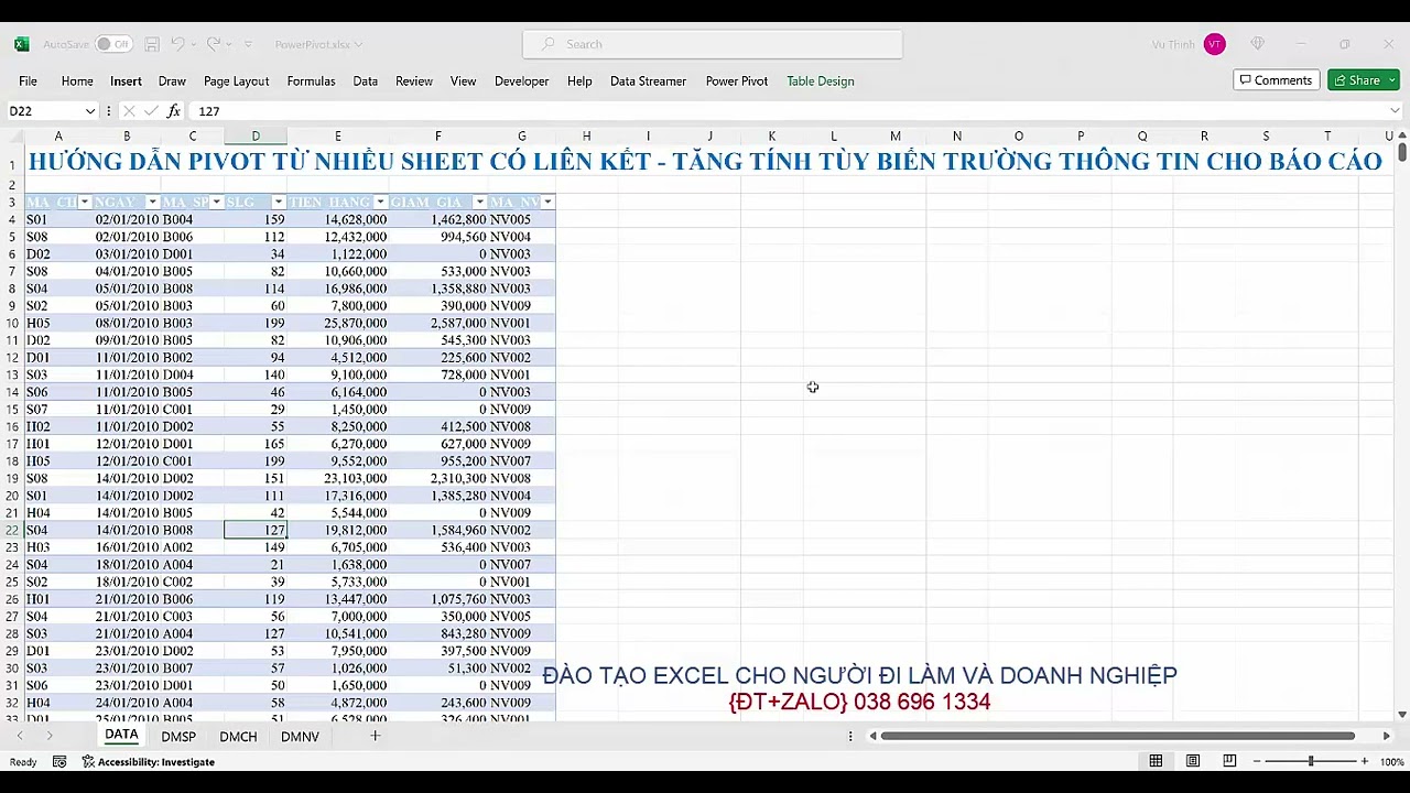 Hướng dẫn tạo báo cáo Pivot lấy dữ liệu từ nhiều sheet có liên kết số liệu chi tiết và các danh mục