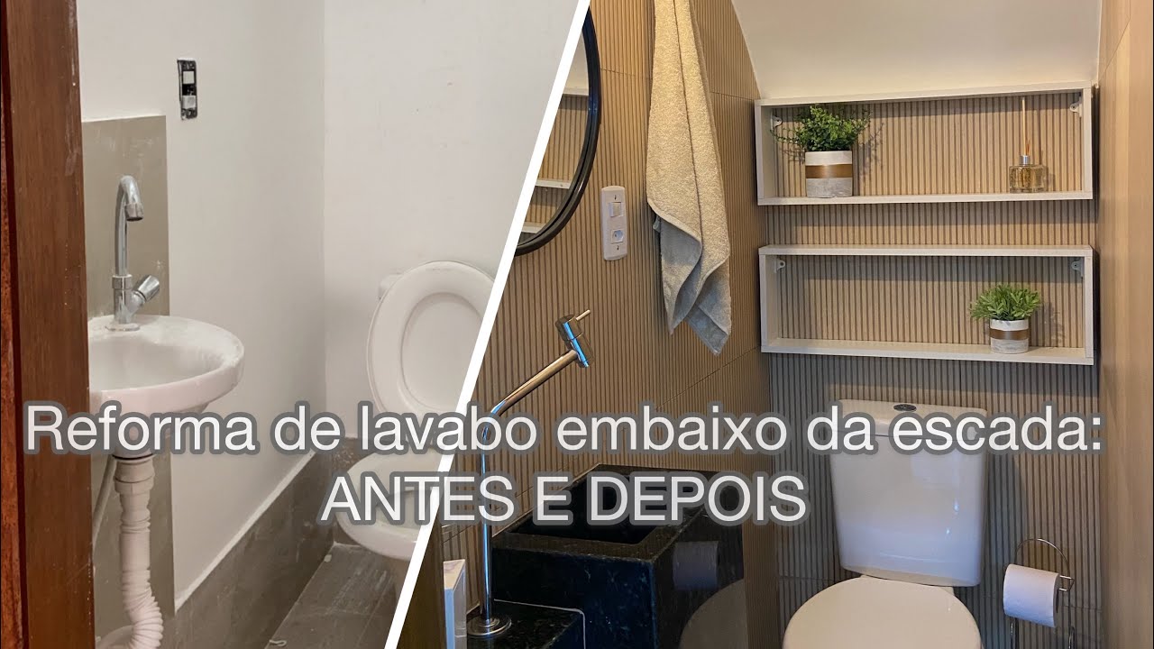 Reforma de lavabo embaixo da escada: transformação total. Banheiro pequeno. Antes e depois da obra.