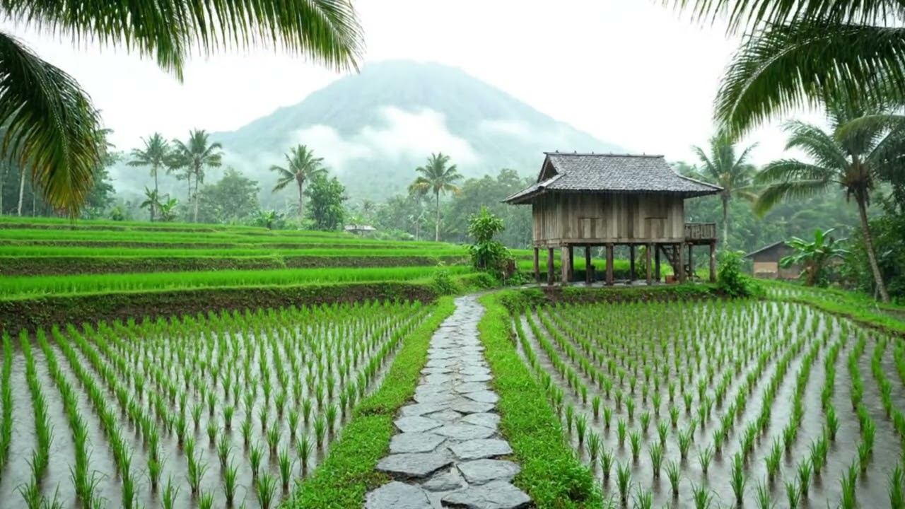 Peaceful Rain Over Tropical Rice Terraces and Wooden Village Hut Beneath Misty Mountain