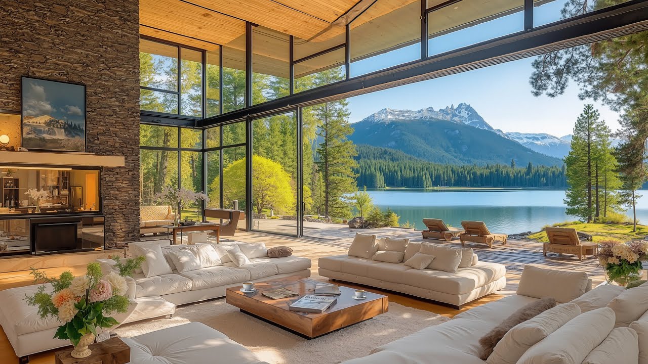 Luxury Cabin by the Water | Calm Jazz Melodies with Majestic Mountain Scenery