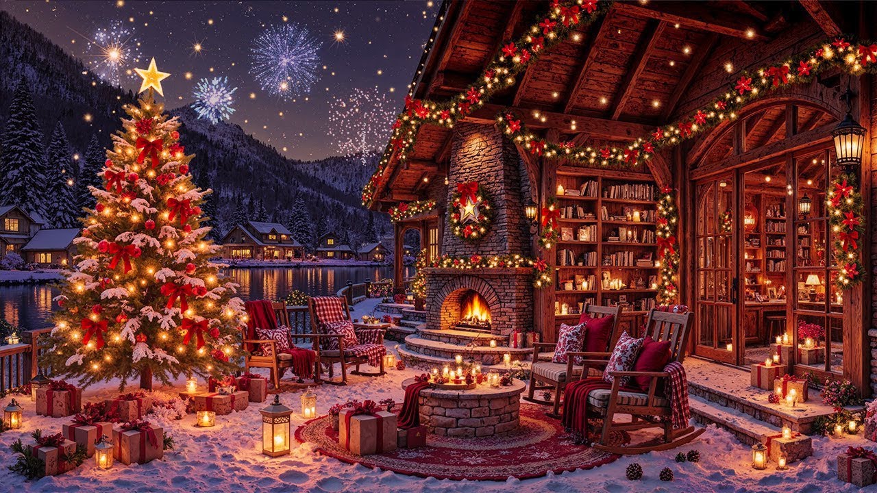 Fireworks Winter Porch Night 🎆 Cozy Fire Pit & Christmas Jazz | New Year’s Eve Ambience for Relaxing