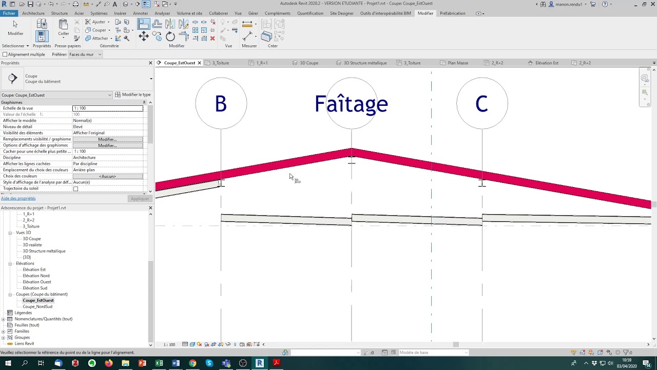 Initiation REVIT - s15 - &eacute;tape 7.5  Alignement des chevrons sous la toiture