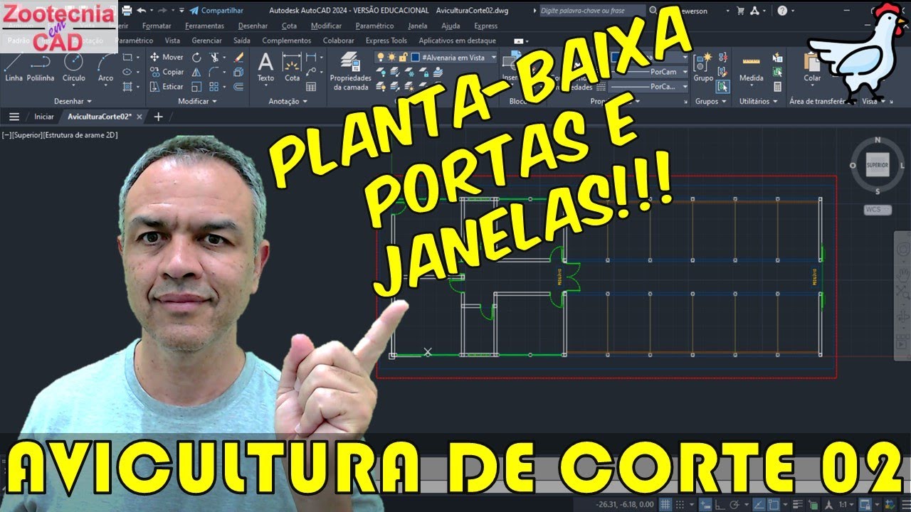 Avicultura de Corte 02: Planta-baixa – Portas e Janelas em AutoCAD